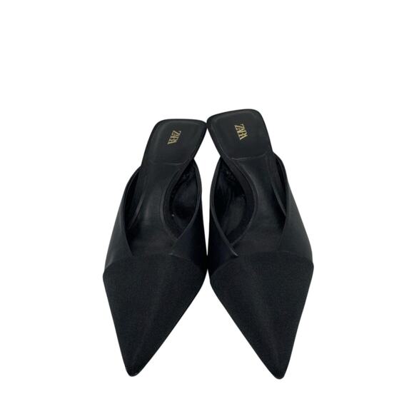 Zara Black Pointed Toe Mules EUR 38 Slip-On Gold Heel - read - Picture 3 of 3